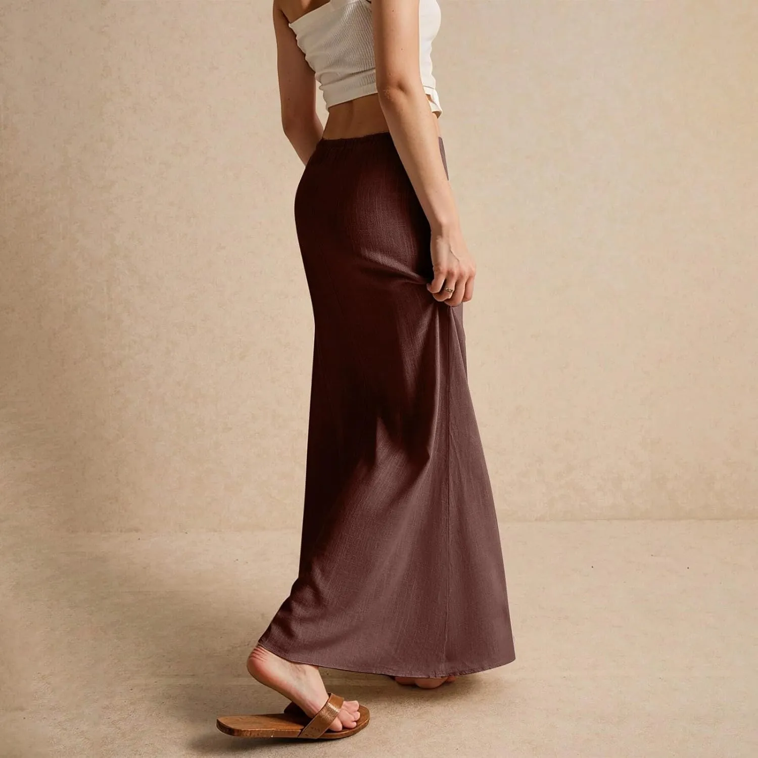 Womens Linen Maxi A-line Long Summer Skirt Elastic High Waist Flowy Skirt
