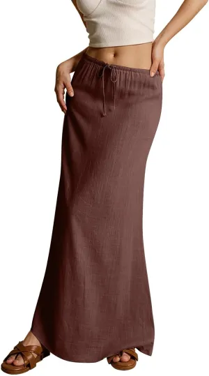 Womens Linen Maxi A-line Long Summer Skirt Elastic High Waist Flowy Skirt
