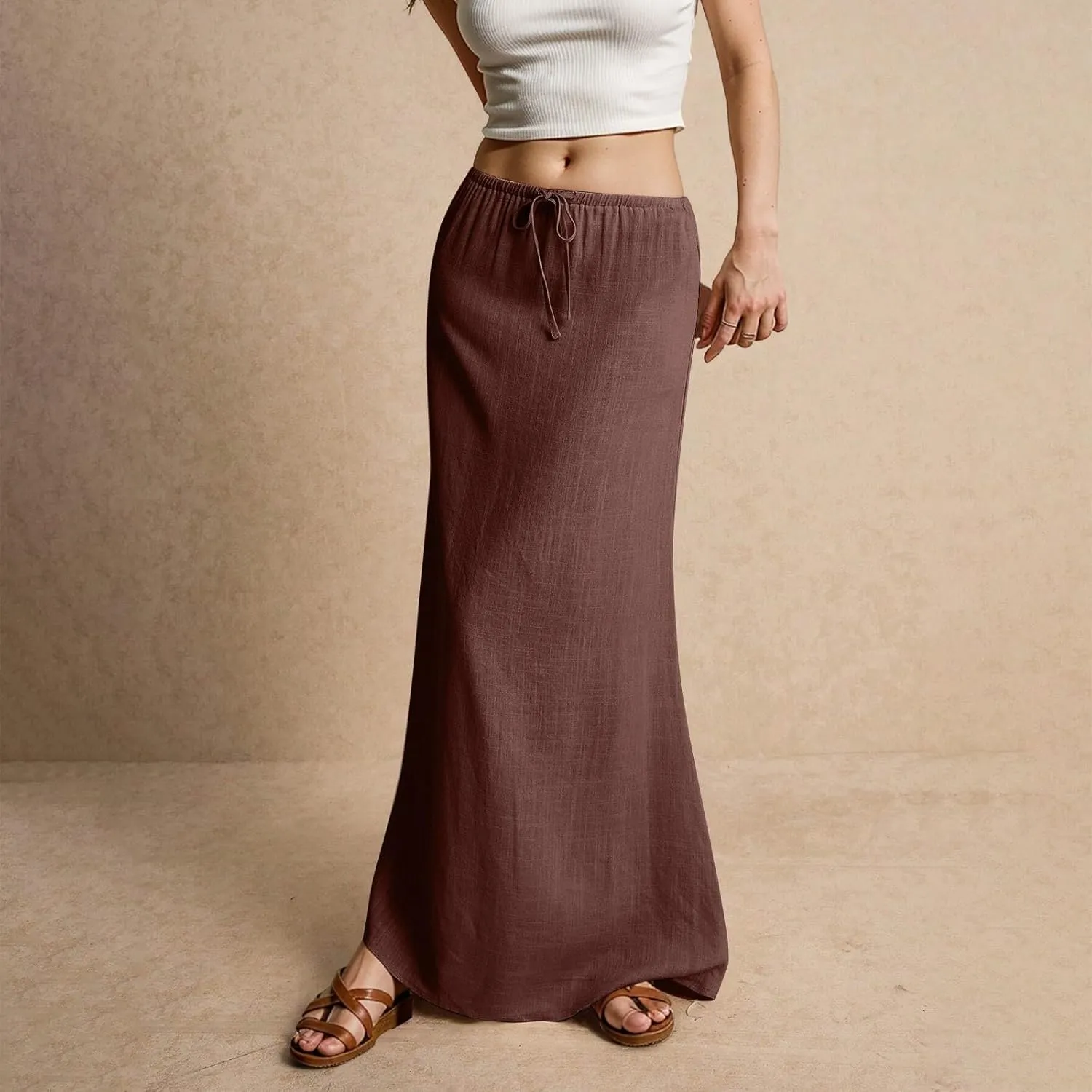 Womens Linen Maxi A-line Long Summer Skirt Elastic High Waist Flowy Skirt