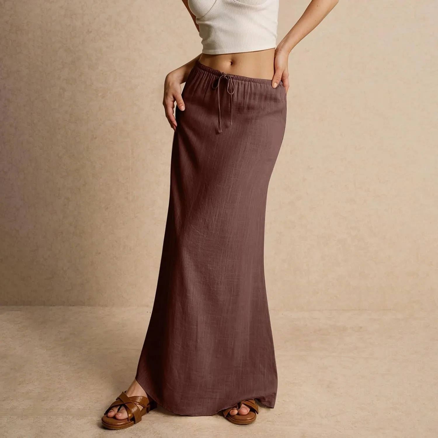 Womens Linen Maxi A-line Long Summer Skirt Elastic High Waist Flowy Skirt