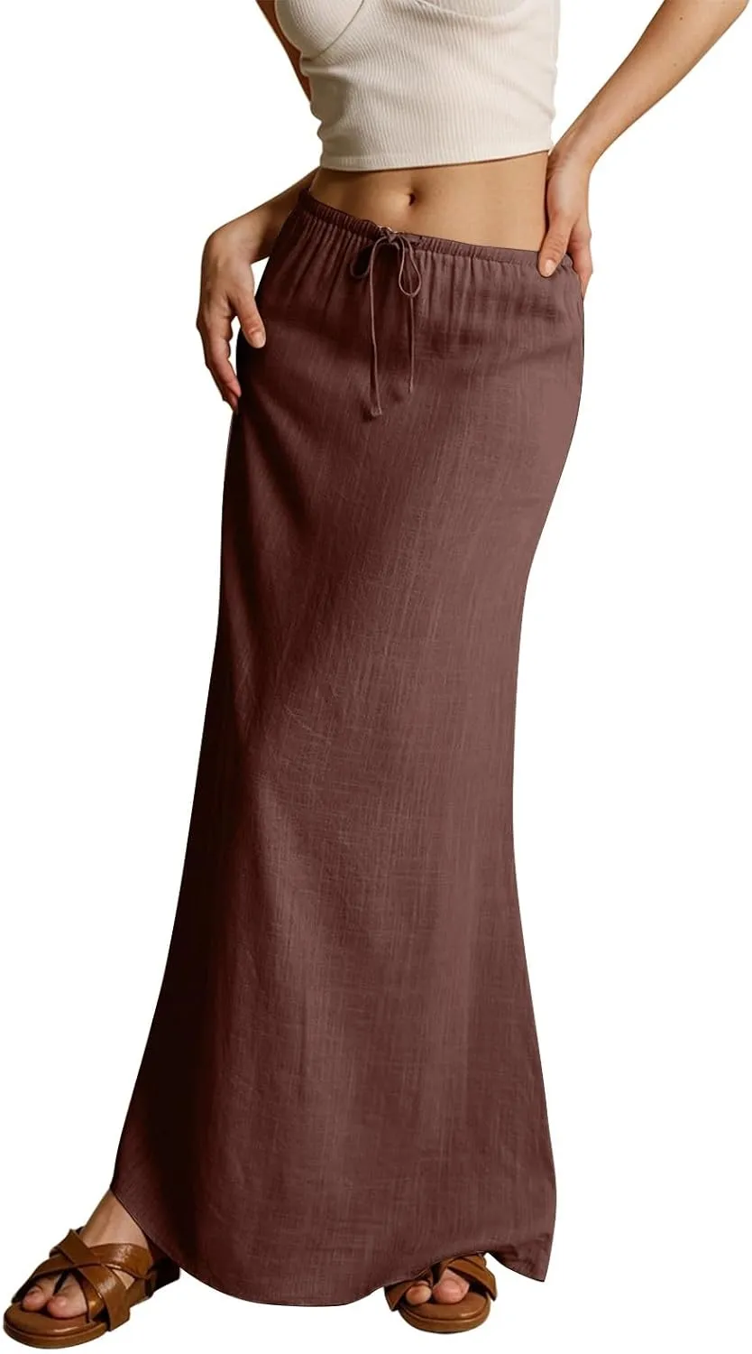 Womens Linen Maxi A-line Long Summer Skirt Elastic High Waist Flowy Skirt