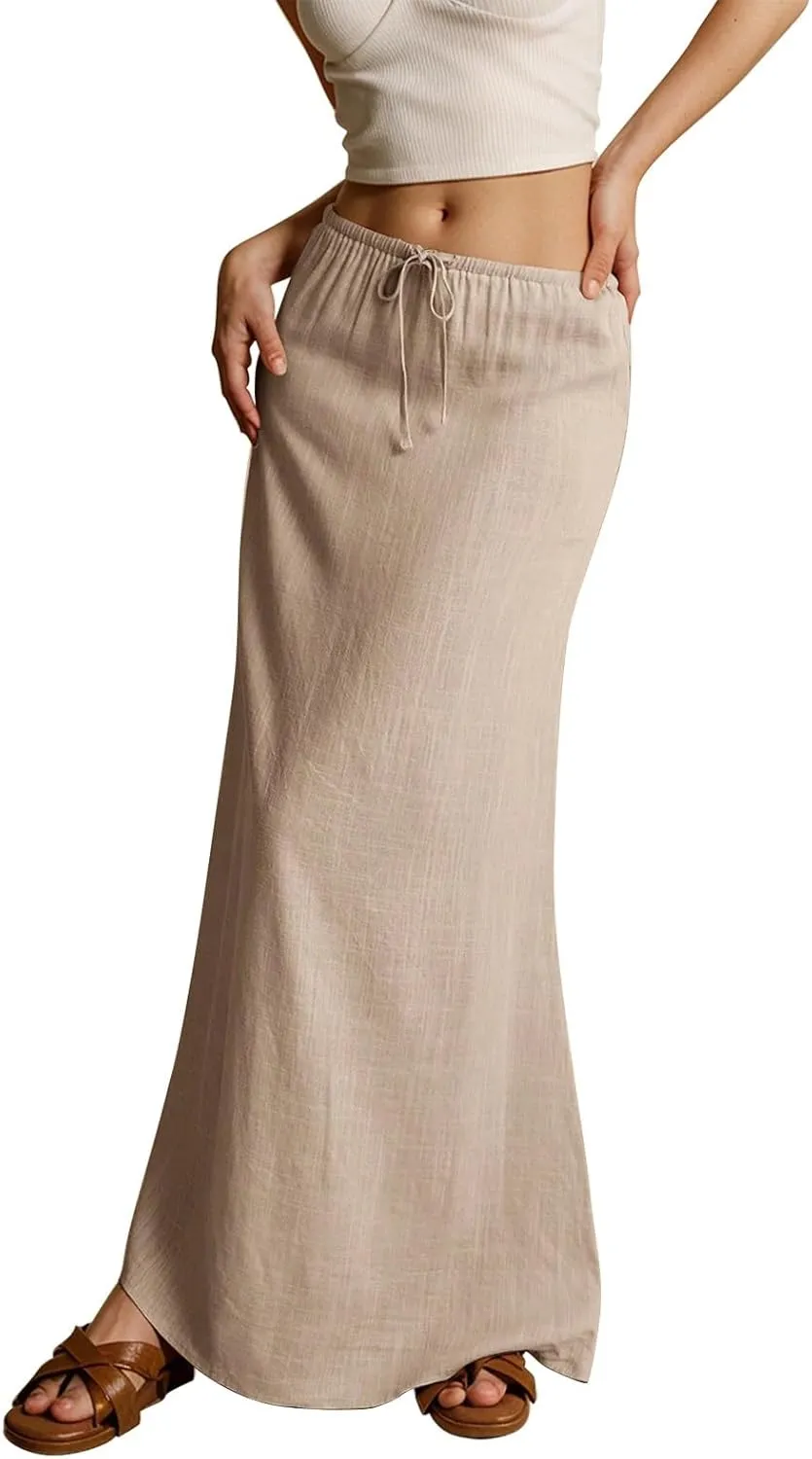 Womens Linen Maxi Skirt Drawstring Waist A Line Long Flowy Floor Length Trendy Comfy Summer Beach Vacation