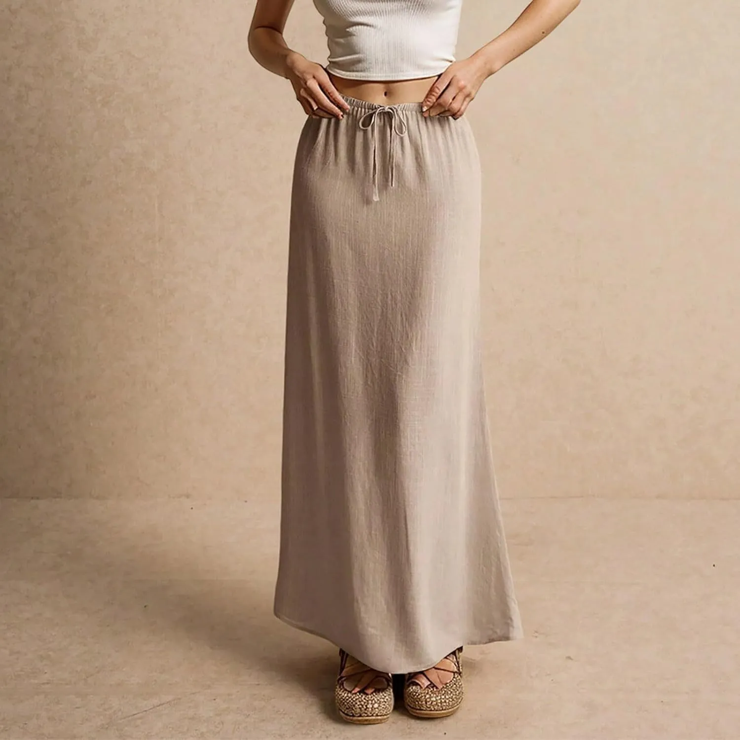 Womens Linen Maxi Skirt Drawstring Waist A Line Long Flowy Floor Length Trendy Comfy Summer Beach Vacation