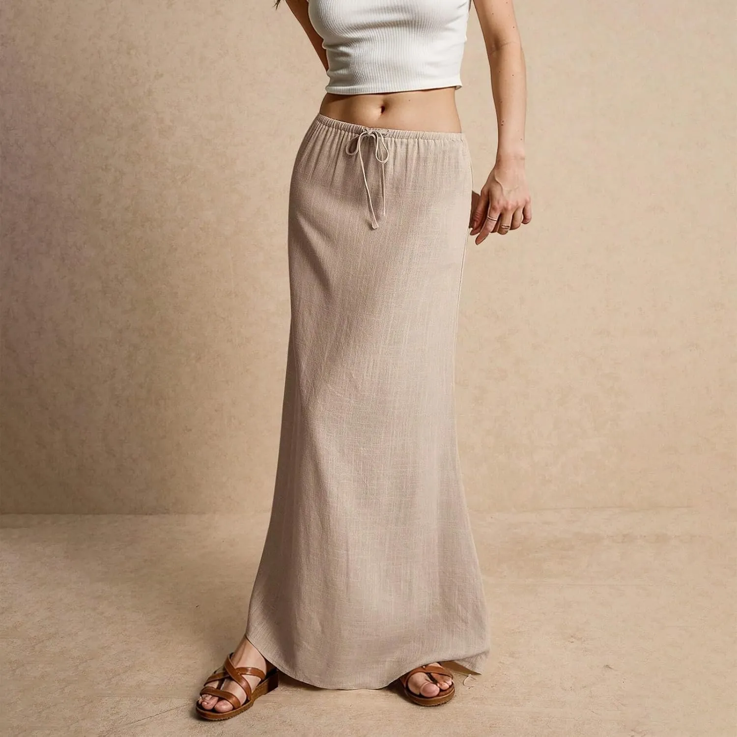 Womens Linen Maxi Skirt Drawstring Waist A Line Long Flowy Floor Length Trendy Comfy Summer Beach Vacation