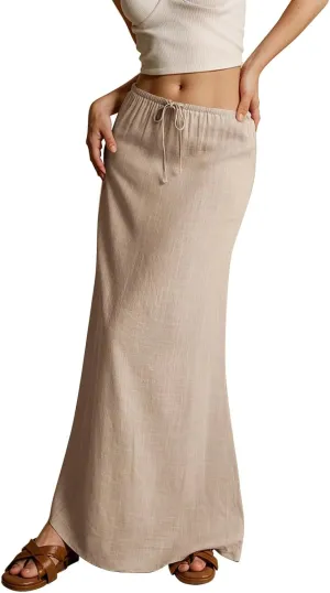 Womens Linen Maxi Skirt Drawstring Waist A Line Long Flowy Floor Length Trendy Comfy Summer Beach Vacation