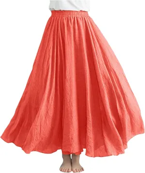 Womens Linen Maxi Skirts Summer Boho Solid Beach Elastic High Waist Pleated A-Line Flowy Swing Long Maxi Skirts