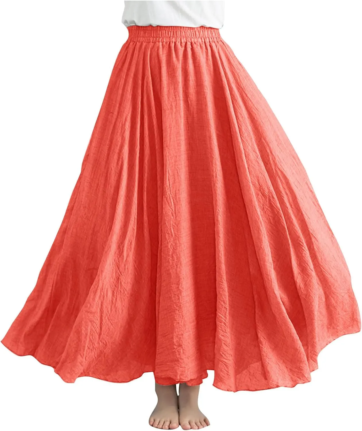 Womens Linen Maxi Skirts Summer Boho Solid Beach Elastic High Waist Pleated A-Line Flowy Swing Long Maxi Skirts