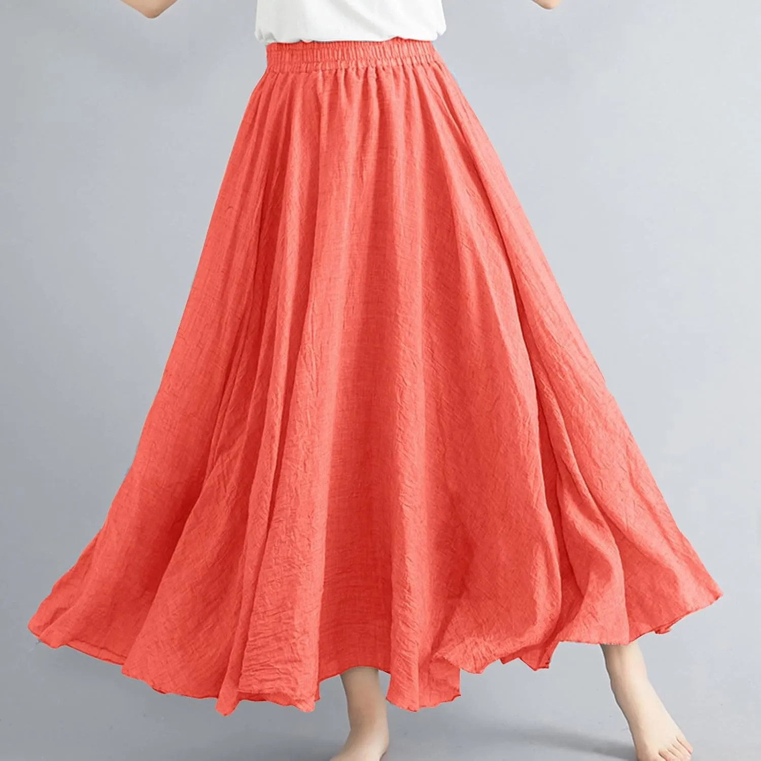 Womens Linen Maxi Skirts Summer Boho Solid Beach Elastic High Waist Pleated A-Line Flowy Swing Long Maxi Skirts
