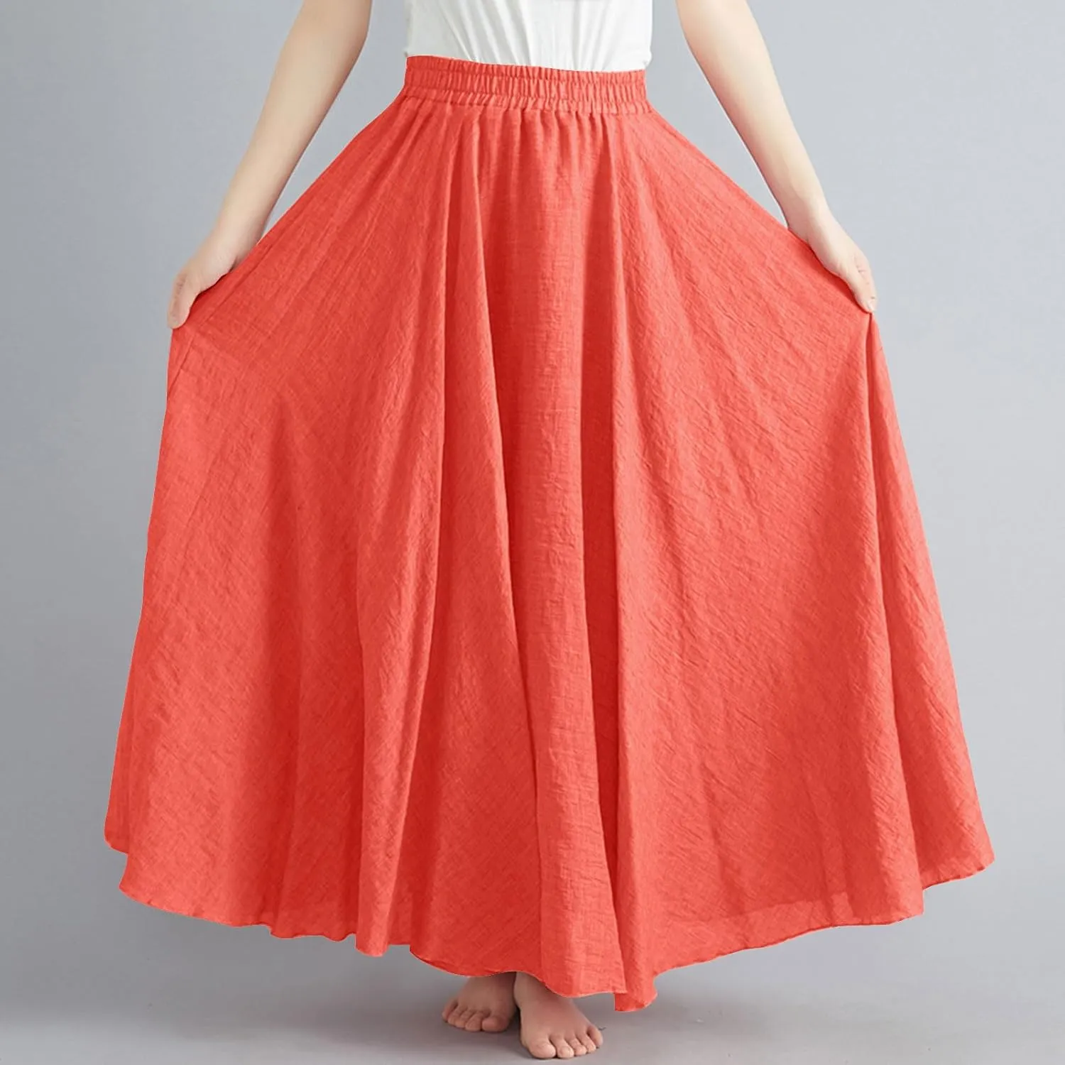 Womens Linen Maxi Skirts Summer Boho Solid Beach Elastic High Waist Pleated A-Line Flowy Swing Long Maxi Skirts
