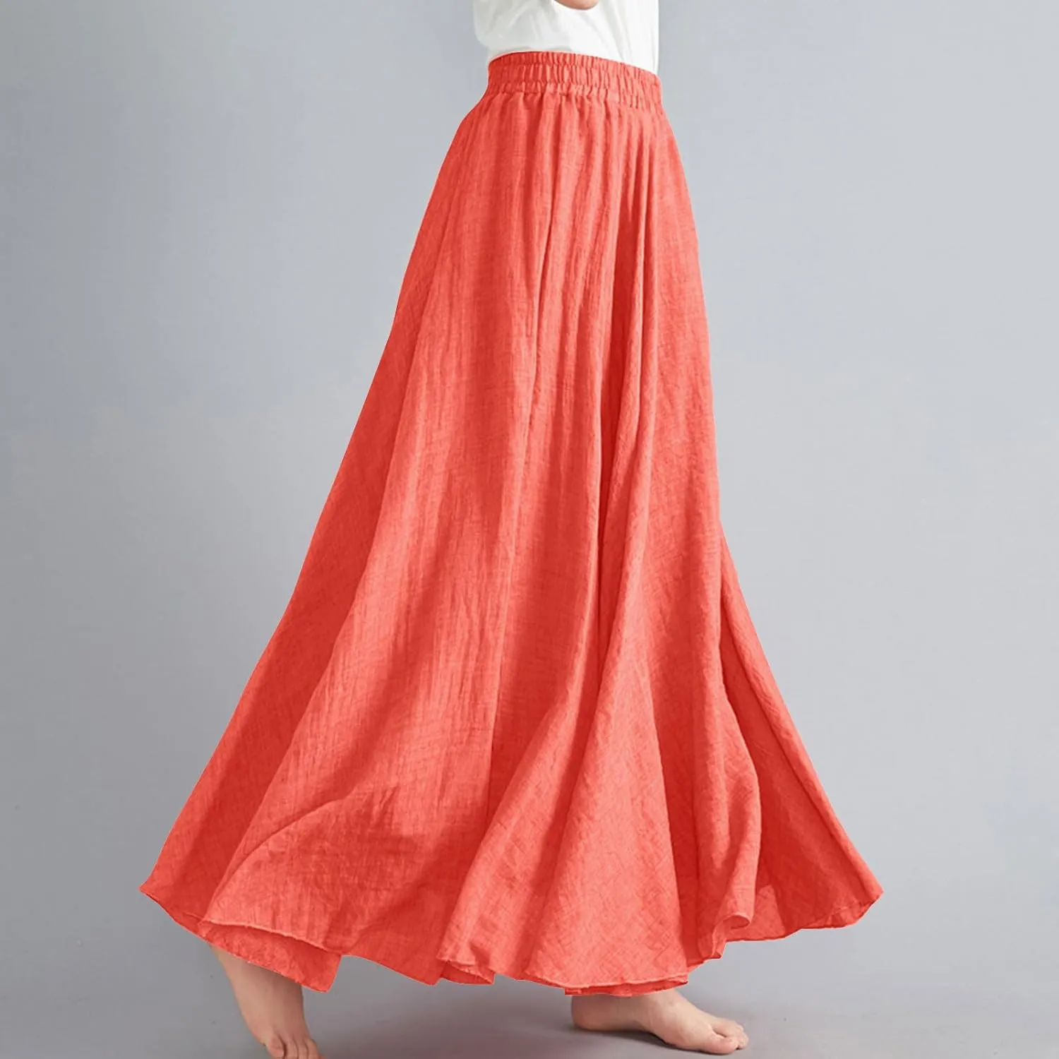 Womens Linen Maxi Skirts Summer Boho Solid Beach Elastic High Waist Pleated A-Line Flowy Swing Long Maxi Skirts