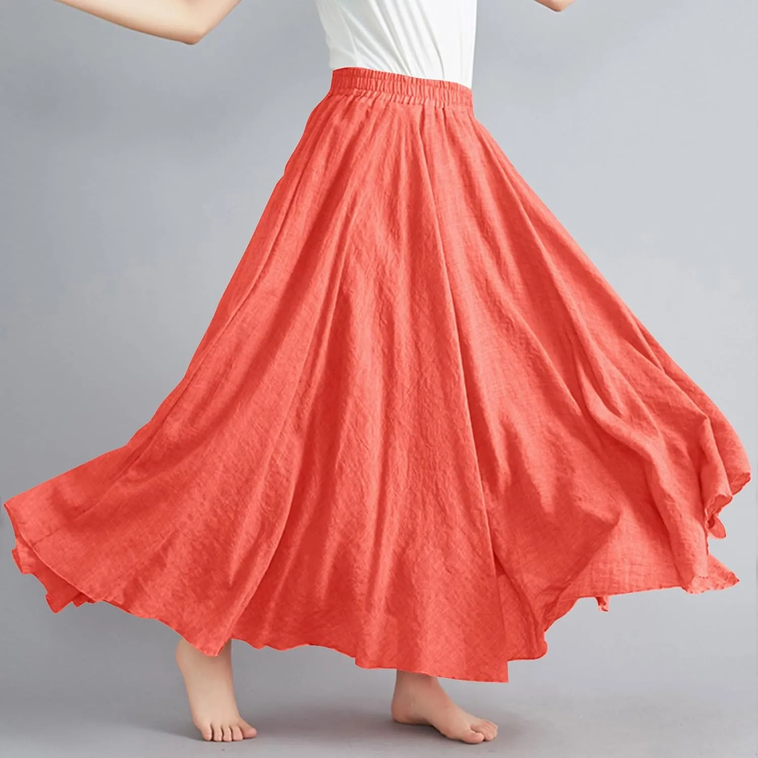 Womens Linen Maxi Skirts Summer Boho Solid Beach Elastic High Waist Pleated A-Line Flowy Swing Long Maxi Skirts