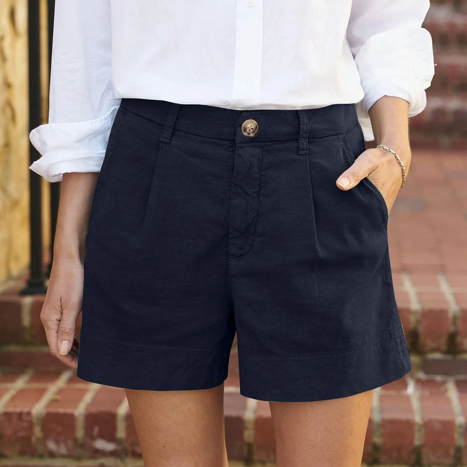 Womens Linen Shorts Summer Business Casual Button High Waisted Shorts Baggy Wide Leg Lounge Chino Shorts with Pockets