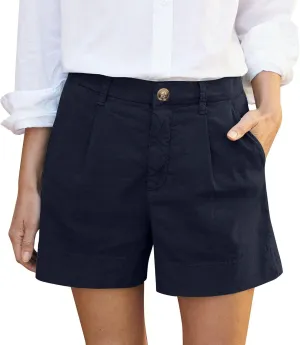 Womens Linen Shorts Summer Business Casual Button High Waisted Shorts Baggy Wide Leg Lounge Chino Shorts with Pockets