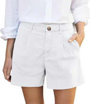 Womens Linen Shorts Summer Business Casual Button High Waisted Shorts Baggy Wide Leg Lounge Chino Shorts with Pockets