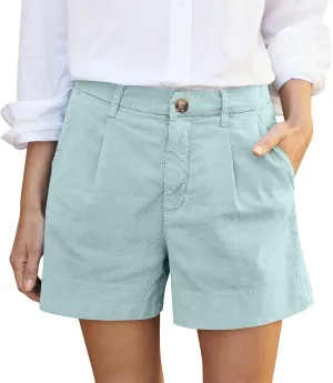 Womens Linen Shorts Summer Business Casual Button High Waisted Shorts Baggy Wide Leg Lounge Chino Shorts with Pockets