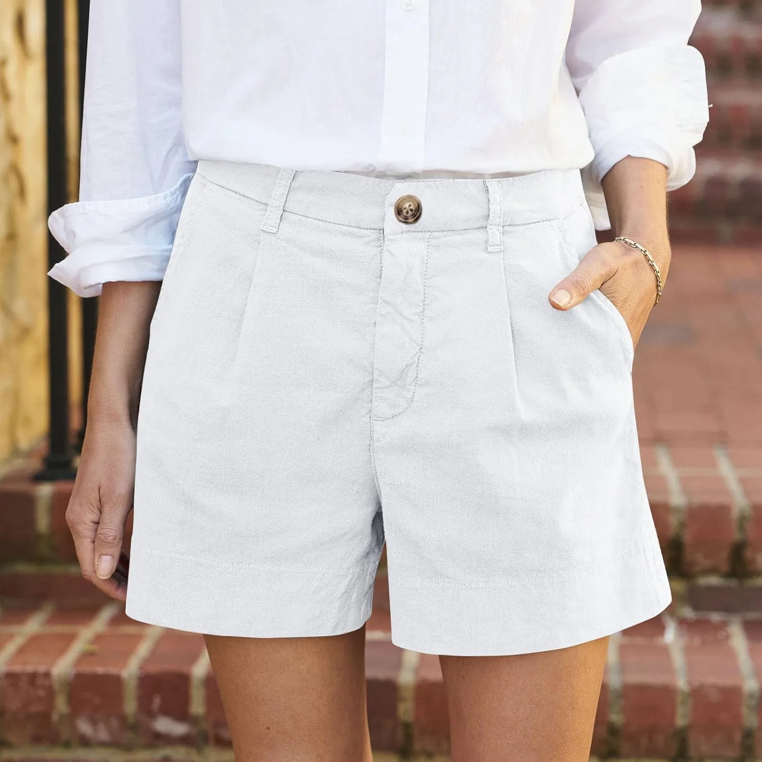 Womens Linen Shorts Summer Business Casual Button High Waisted Shorts Baggy Wide Leg Lounge Chino Shorts with Pockets