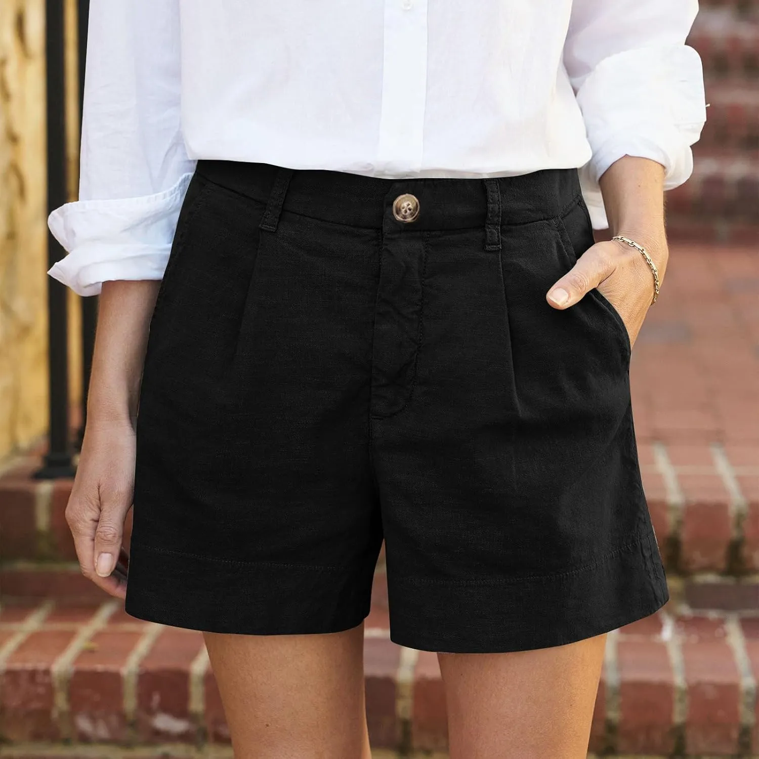 Womens Linen Shorts Summer Business Casual Button High Waisted Shorts Baggy Wide Leg Lounge Chino Shorts with Pockets