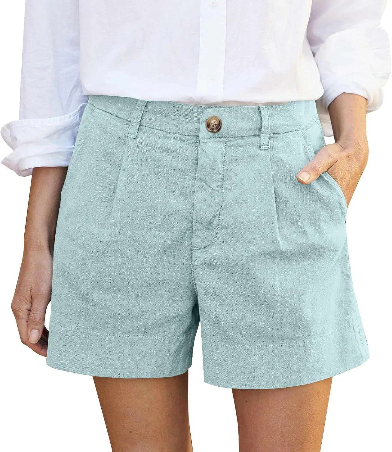 Womens Linen Shorts Summer Business Casual Button High Waisted Shorts Baggy Wide Leg Lounge Chino Shorts with Pockets