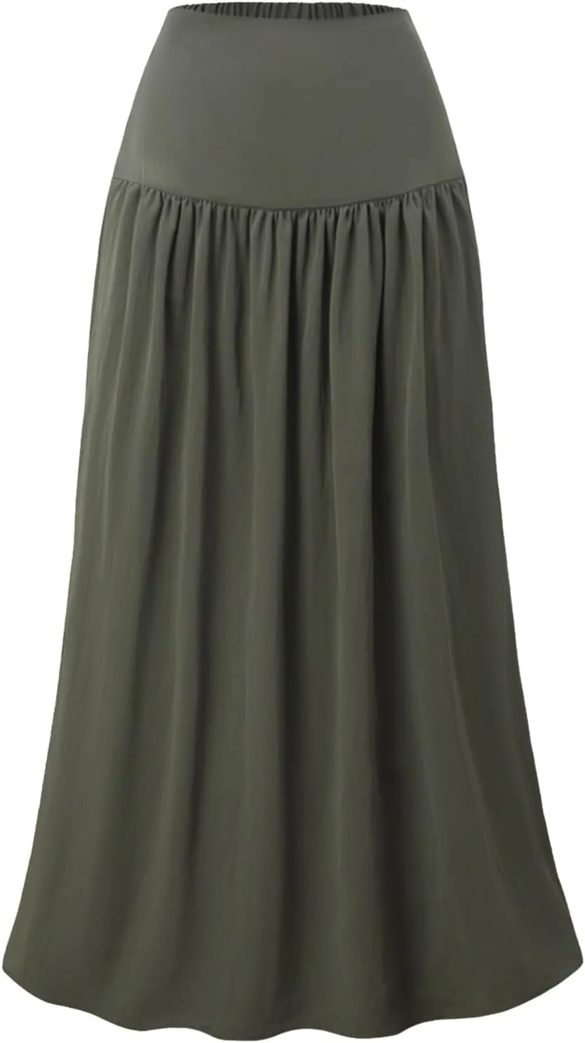 Women's Long Elastic High Waist Retro Pleated A-Line Flared Maxi Skirts