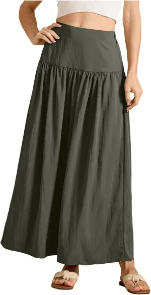 Women's Long Elastic High Waist Retro Pleated A-Line Flared Maxi Skirts