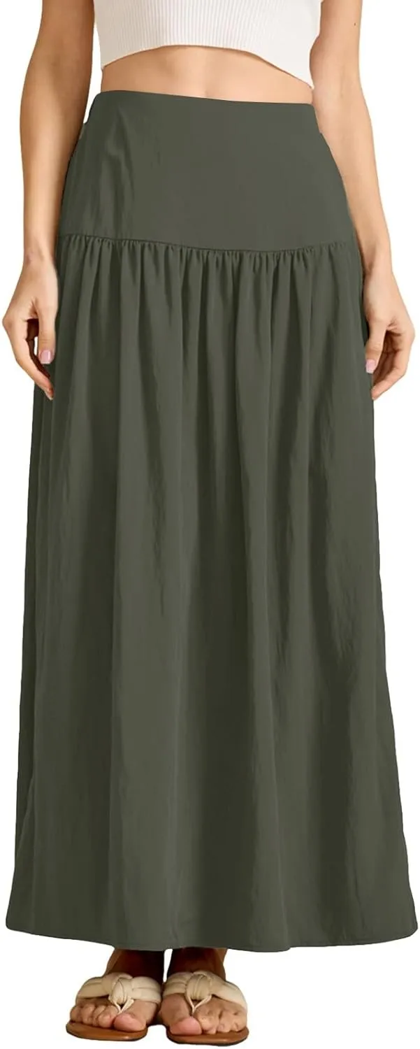 Women's Long Elastic High Waist Retro Pleated A-Line Flared Maxi Skirts