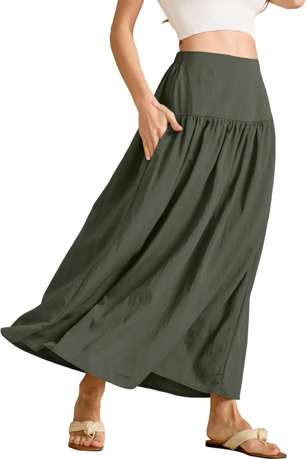 Women's Long Elastic High Waist Retro Pleated A-Line Flared Maxi Skirts