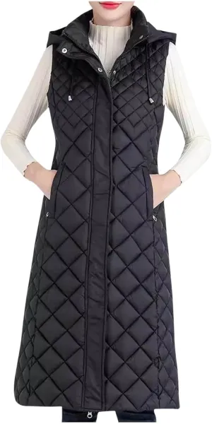Womens Long Puffer Vest Full-Zip Hooded Sleeveless Down Jacket Winter Coat Thicken Slim Fit Quilted Jackets Outerwear