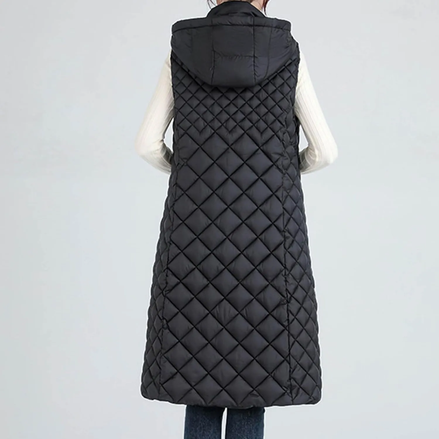 Womens Long Puffer Vest Full-Zip Hooded Sleeveless Down Jacket Winter Coat Thicken Slim Fit Quilted Jackets Outerwear