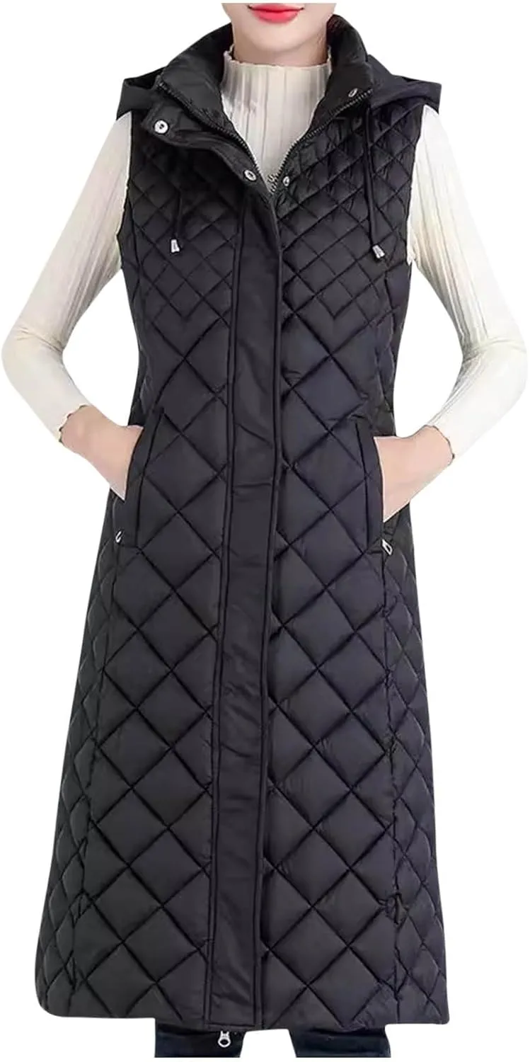 Womens Long Puffer Vest Full-Zip Hooded Sleeveless Down Jacket Winter Coat Thicken Slim Fit Quilted Jackets Outerwear
