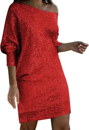 Womens Long Sleeve Sparkly Short Dresses Long Sleeve Casual Loose Mini Dress Trendy Shift Dress Party Club Dress