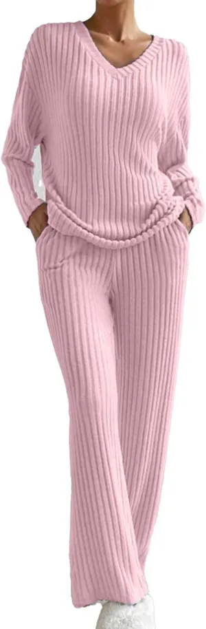 Women's Lounge Long Pajama Sets Trendy Loose Ribbed Knitted Loungewear Outfits Soft Solid Color Casual Sleepwear Sets