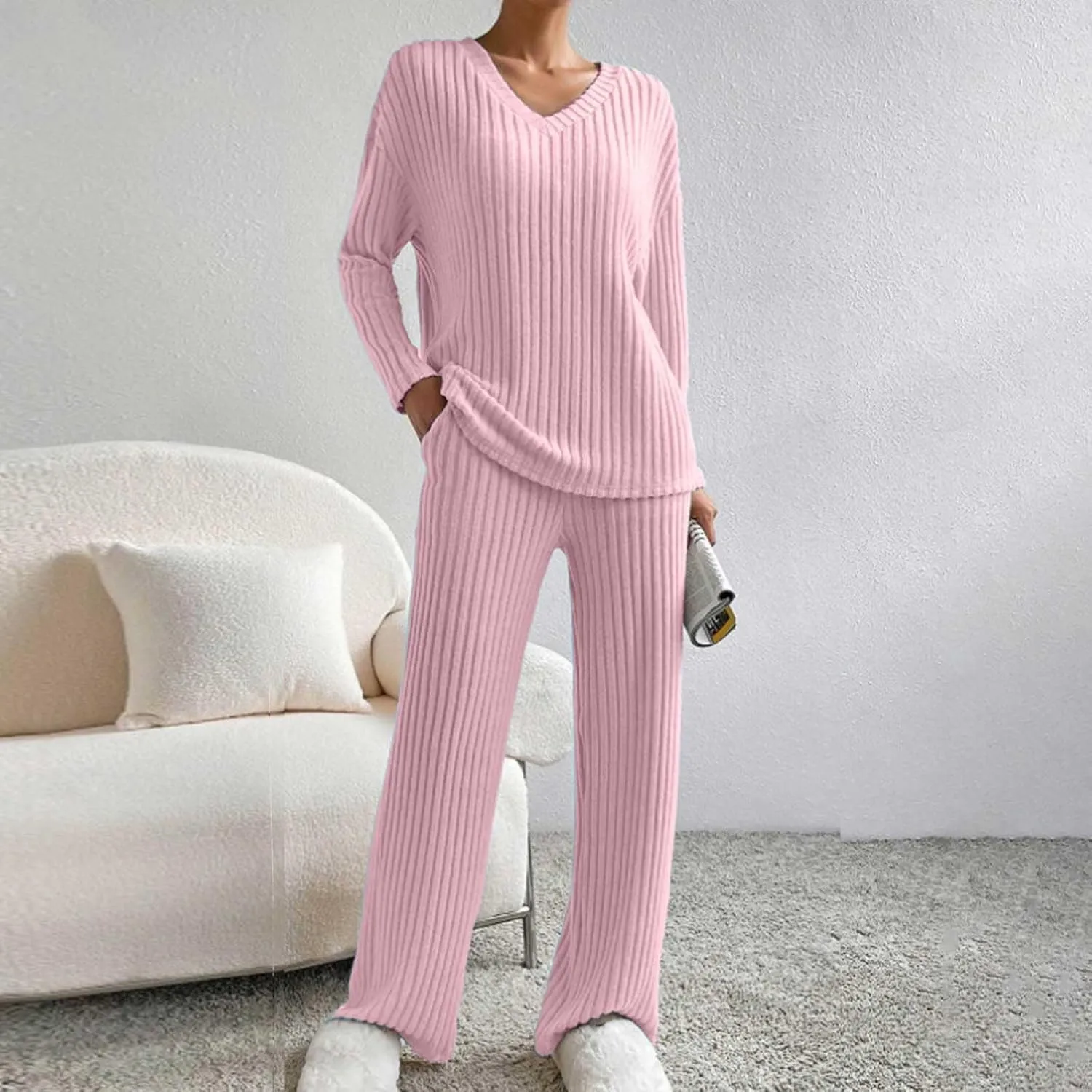 Women's Lounge Long Pajama Sets Trendy Loose Ribbed Knitted Loungewear Outfits Soft Solid Color Casual Sleepwear Sets