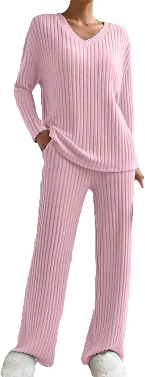 Women's Lounge Long Pajama Sets Trendy Loose Ribbed Knitted Loungewear Outfits Soft Solid Color Casual Sleepwear Sets