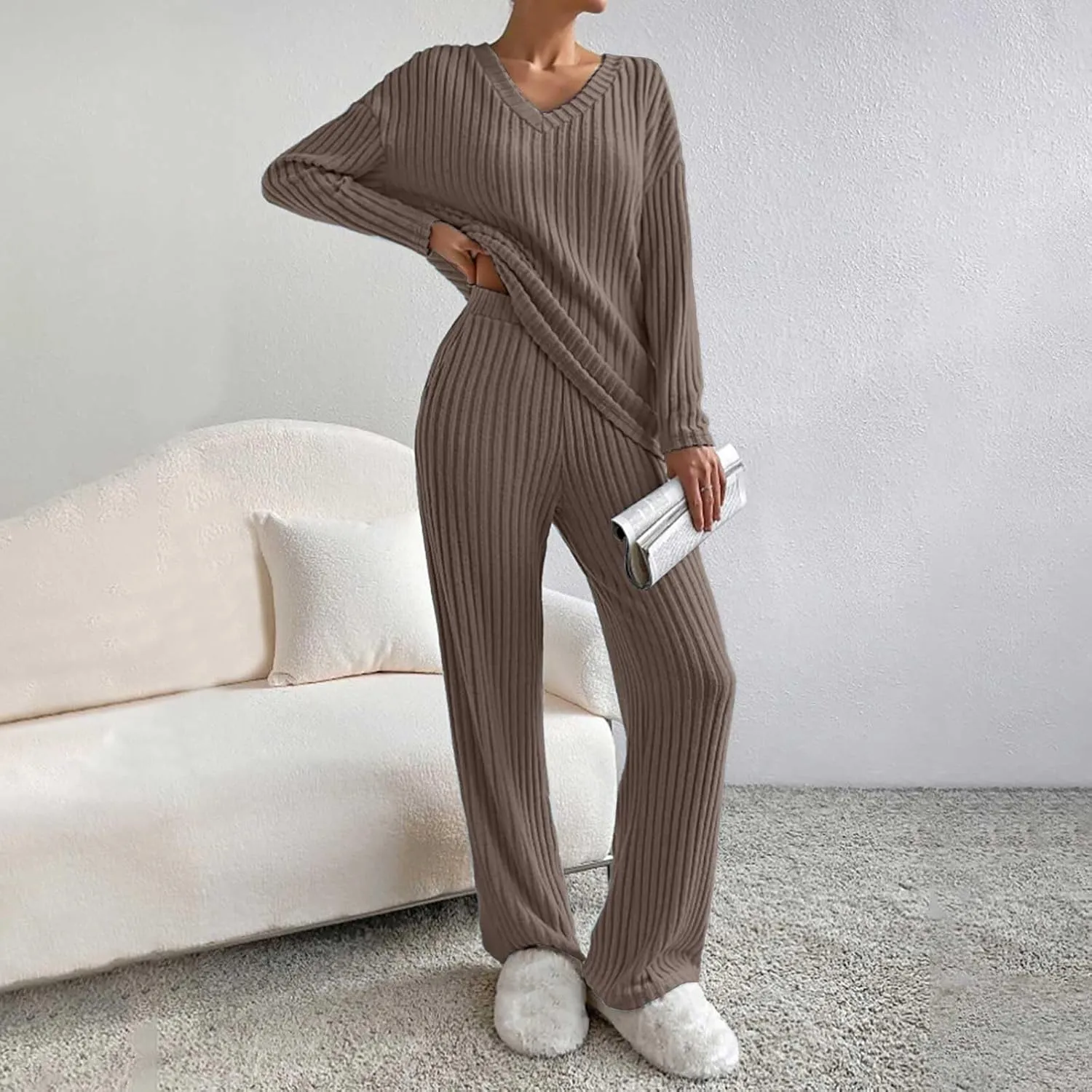 Women's Lounge Long Pajama Sets Trendy Loose Ribbed Knitted Loungewear Outfits Soft Solid Color Casual Sleepwear Sets