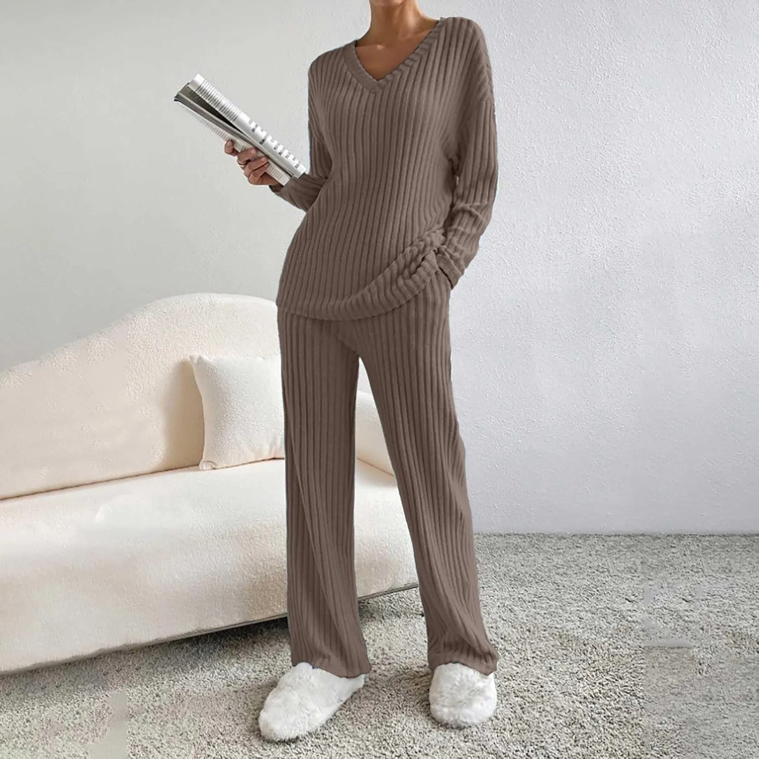 Women's Lounge Long Pajama Sets Trendy Loose Ribbed Knitted Loungewear Outfits Soft Solid Color Casual Sleepwear Sets