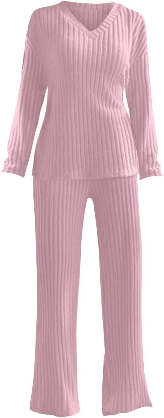 Women's Lounge Long Pajama Sets Trendy Loose Ribbed Knitted Loungewear Outfits Soft Solid Color Casual Sleepwear Sets