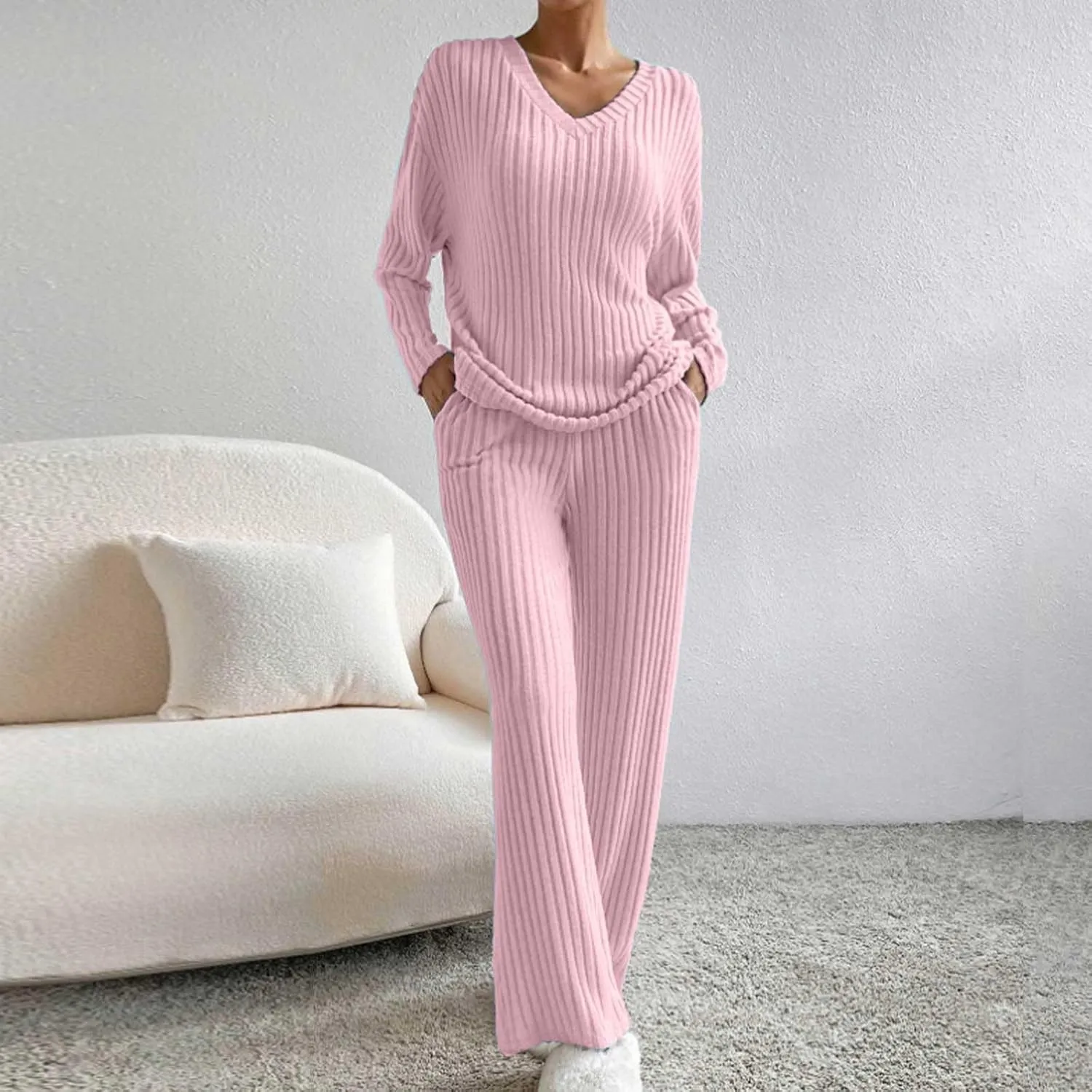 Women's Lounge Long Pajama Sets Trendy Loose Ribbed Knitted Loungewear Outfits Soft Solid Color Casual Sleepwear Sets