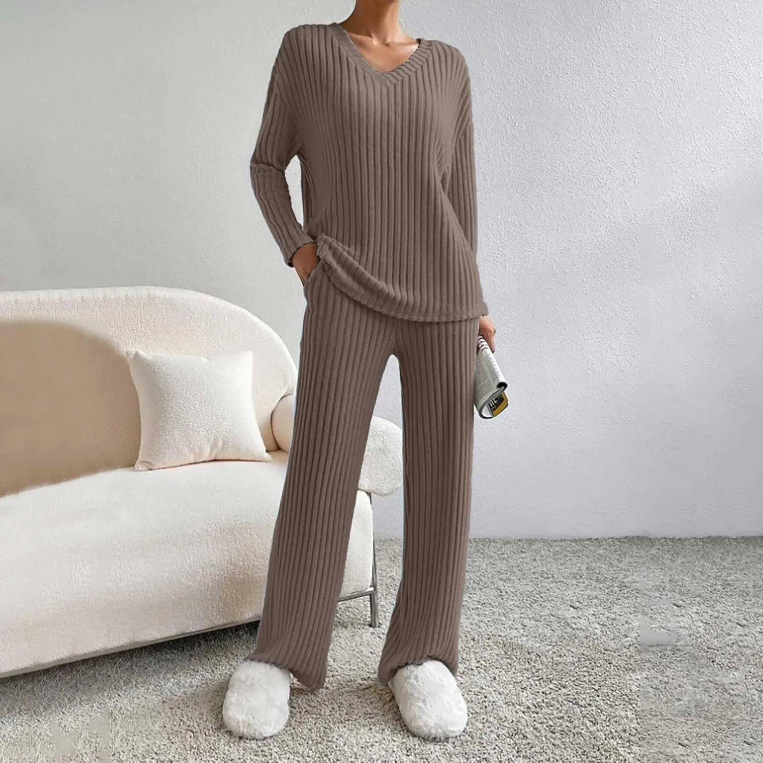Women's Lounge Long Pajama Sets Trendy Loose Ribbed Knitted Loungewear Outfits Soft Solid Color Casual Sleepwear Sets