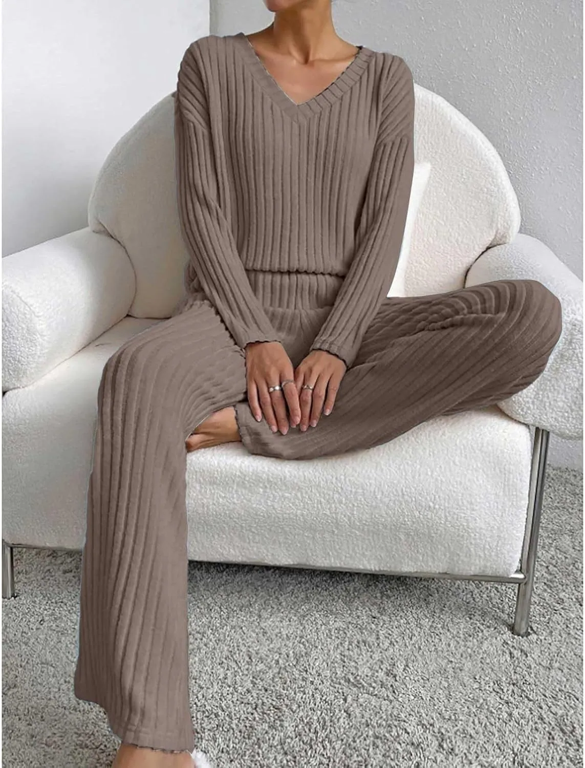 Women's Lounge Long Pajama Sets Trendy Loose Ribbed Knitted Loungewear Outfits Soft Solid Color Casual Sleepwear Sets