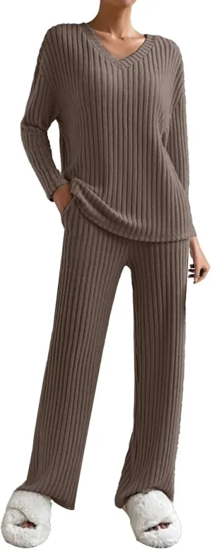 Women's Lounge Long Pajama Sets Trendy Loose Ribbed Knitted Loungewear Outfits Soft Solid Color Casual Sleepwear Sets