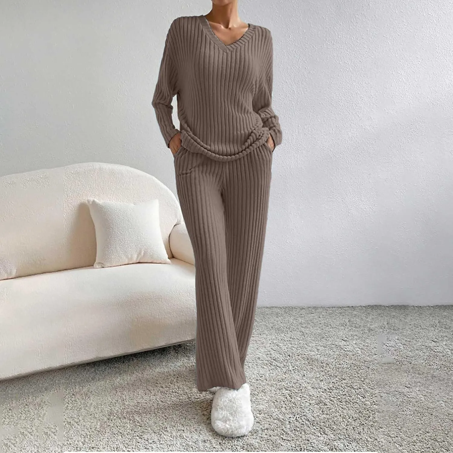 Women's Lounge Long Pajama Sets Trendy Loose Ribbed Knitted Loungewear Outfits Soft Solid Color Casual Sleepwear Sets
