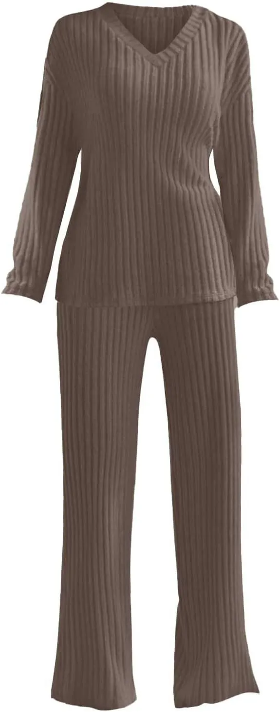 Women's Lounge Long Pajama Sets Trendy Loose Ribbed Knitted Loungewear Outfits Soft Solid Color Casual Sleepwear Sets