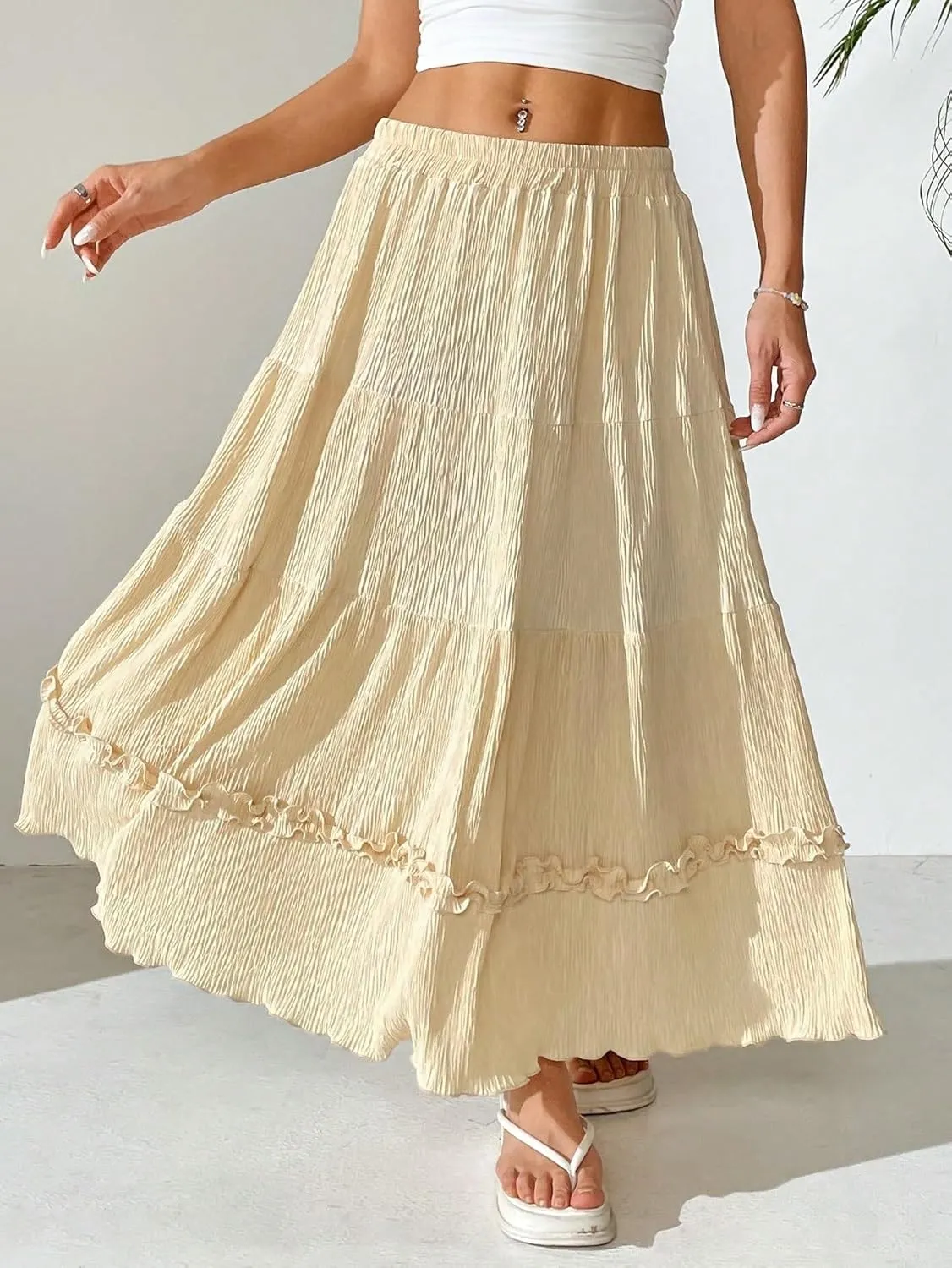 Women's Maxi Skirt Summer Midi Pleated A-Line Ruffle Hem Skirt