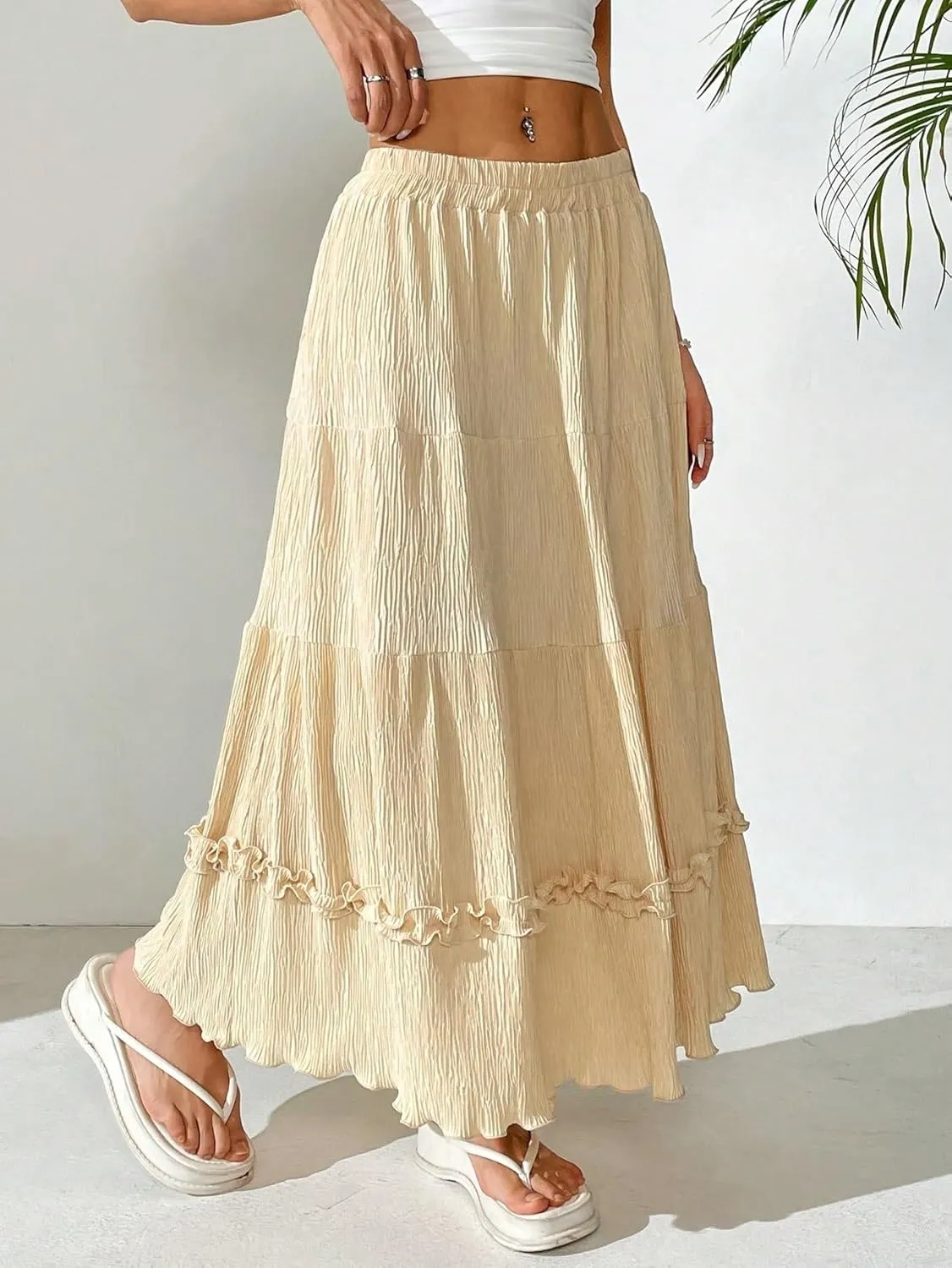 Women's Maxi Skirt Summer Midi Pleated A-Line Ruffle Hem Skirt