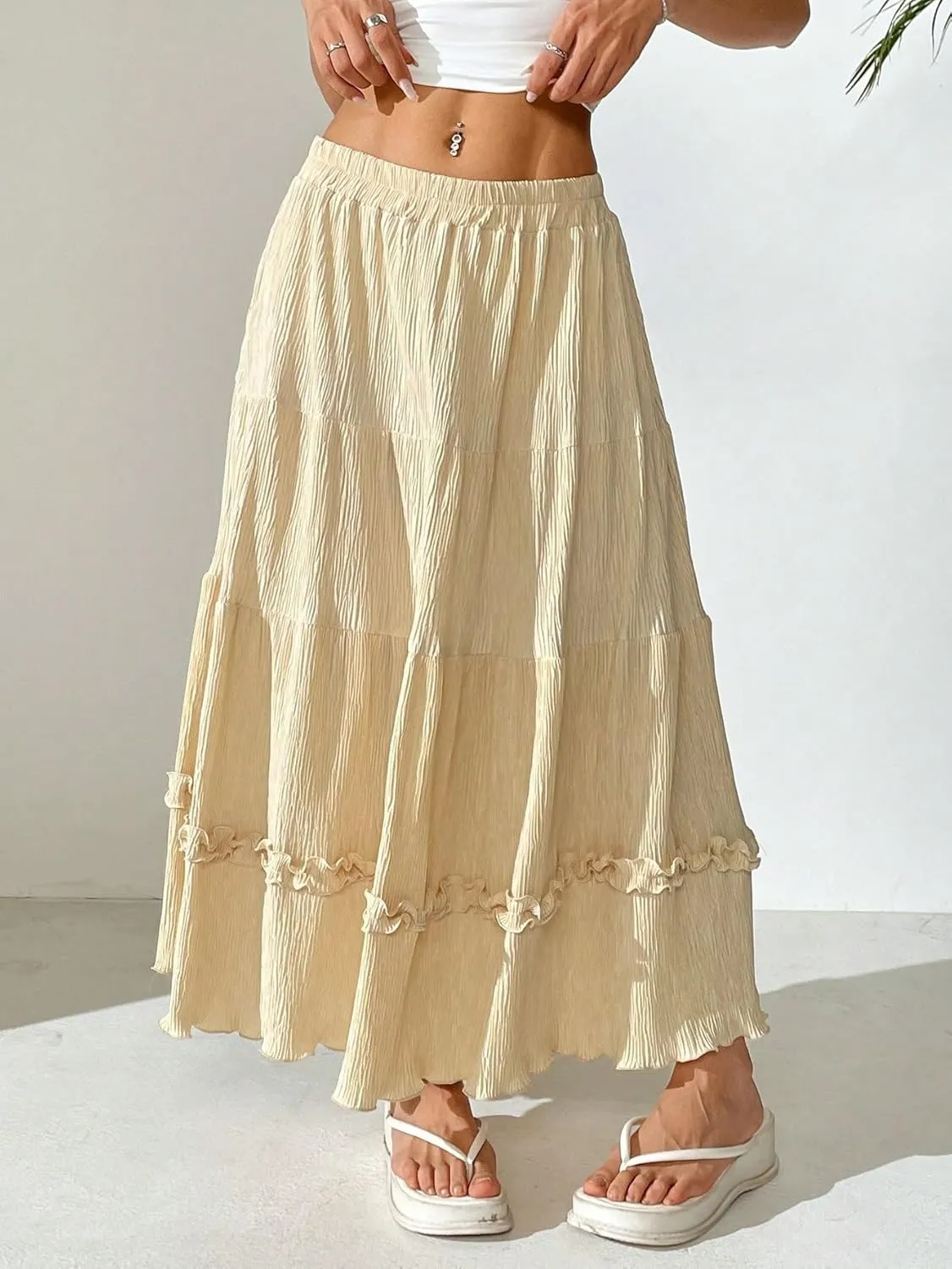 Women's Maxi Skirt Summer Midi Pleated A-Line Ruffle Hem Skirt