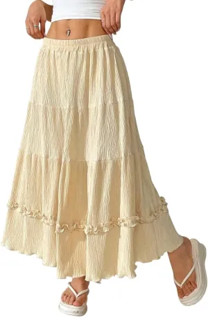 Women's Maxi Skirt Summer Midi Pleated A-Line Ruffle Hem Skirt