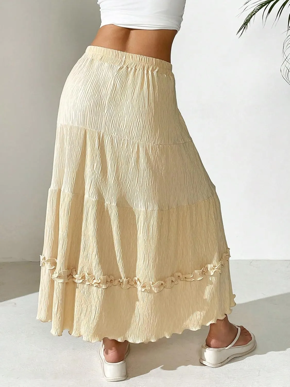 Women's Maxi Skirt Summer Midi Pleated A-Line Ruffle Hem Skirt
