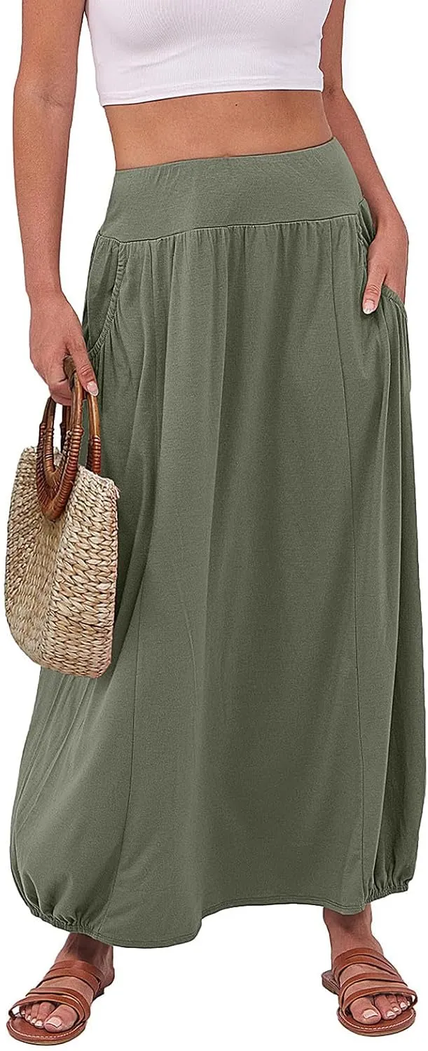 Women's Maxi Skirts 2025 Summer Elastic High Waist Ankle Length Skirt with Pockets Casual Trendy Flowy Beach Skirts