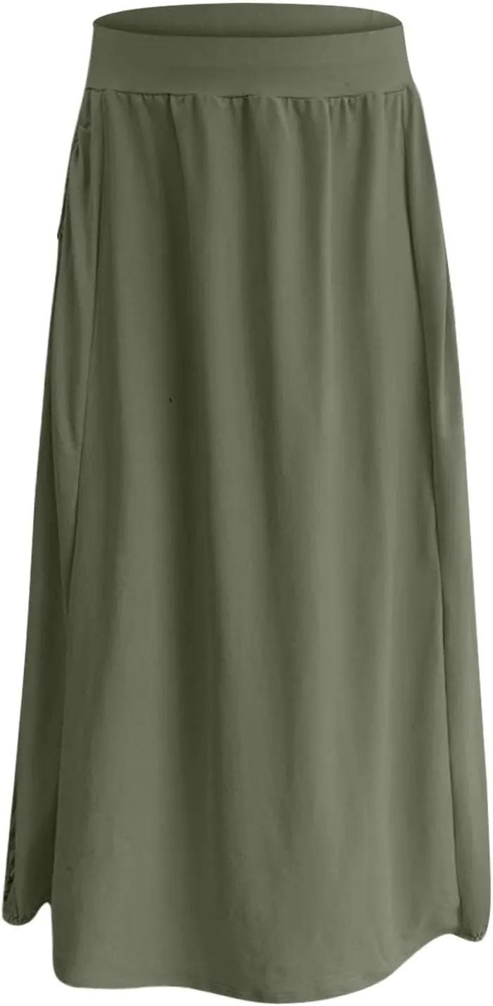 Women's Maxi Skirts 2025 Summer Elastic High Waist Ankle Length Skirt with Pockets Casual Trendy Flowy Beach Skirts
