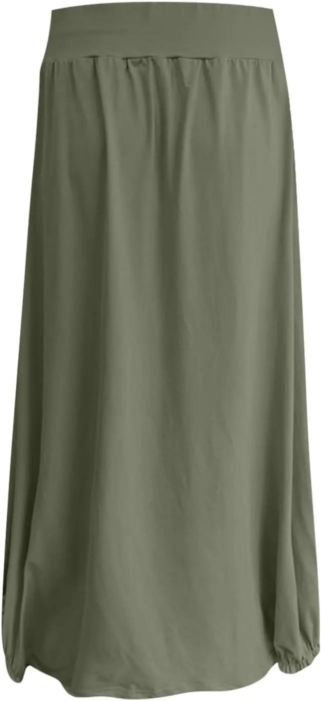 Women's Maxi Skirts 2025 Summer Elastic High Waist Ankle Length Skirt with Pockets Casual Trendy Flowy Beach Skirts